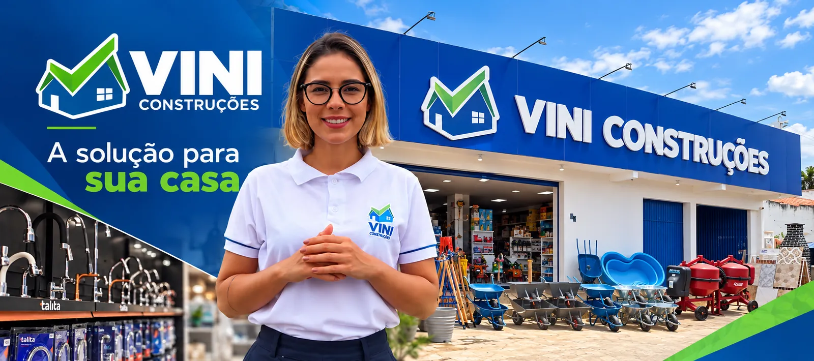 Vini Construções, a solução para sua casa: atendente em frente à loja de Severiano Melo, RN