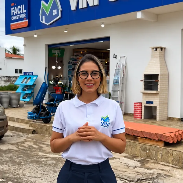 Atendente da Vini Construções em frente à fachada da loja de Severiano Melo